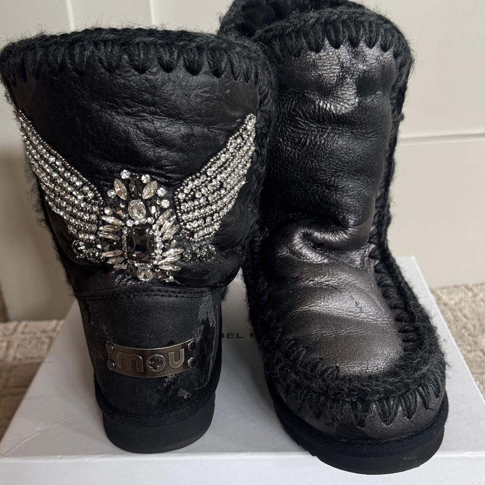 Mou Black and Silver Winter Boots with Ornate Embellishments